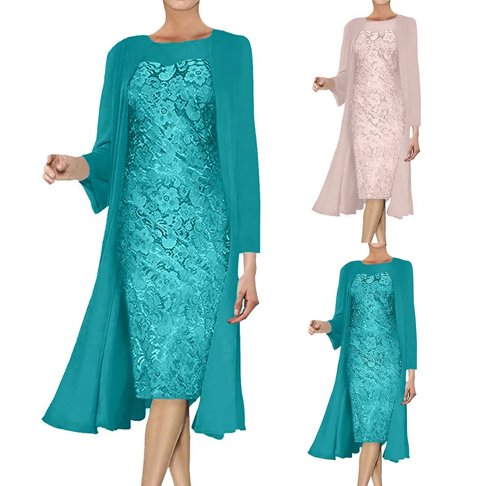 

Women Lace Patchwork Chiffon Dresses Fashion Elegant Women Dress Solid Color Sleeveless Round Neck Dress Two Piece Dress 2022