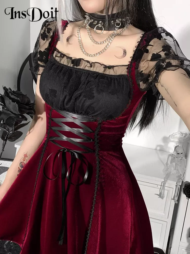 

InsDoit Dark Goth Black Lace Up Corset Dresses Women Harajuku Vintage Lace A Line Dress Aesthetic Patchwork Red Sexy Party Dress