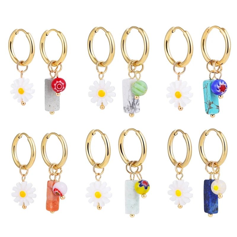 

Geometric Flower Shaped Turquoise Resin Stone Elegant Gold Color Hoop Earrings For Women Banquet Party Female Accessories