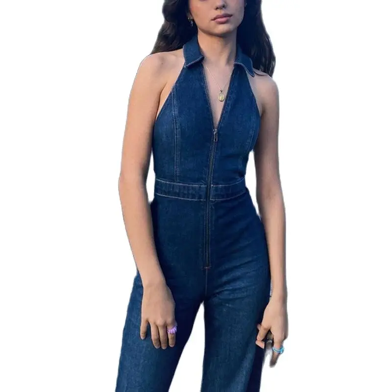 Lapel Jumpsuit for Women 2023 Spring Summer Slim-fit Showing Thin Fashion Street Retro Style High-waisted Denim Jumpsuit Overall