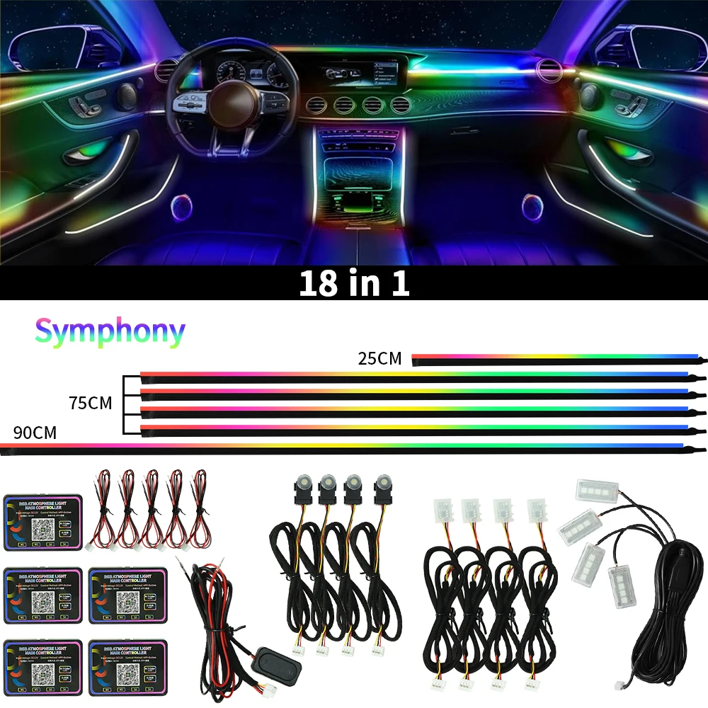 

Комплект Атмосферной Подсветки Для Салона Автомобиля Symphony 18-в-1, RGB LED С Управлением Через Приложение