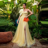 verngo one shoulder bow yellow tulle prom dresses 2022 side slit tulle evening gowns women formal party dress robe de soiree