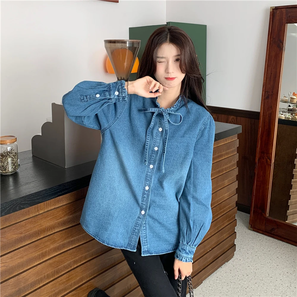 Женская однобортная джинсовая рубашка элегантная простая Весенняя блузка