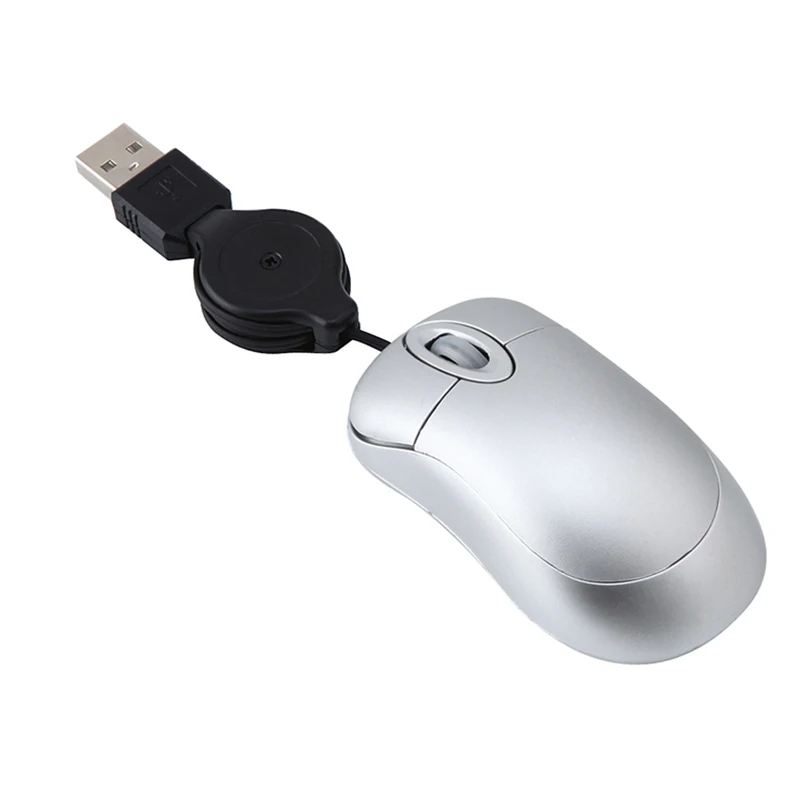 Фото Миниатюрная USB Проводная мышь с выдвижным кабелем, миниатюрная маленькая мышь 1600 DPI, оптическая компактная дорожная мышь для 98 2000 XP Vista Ve (Серебристая) №2