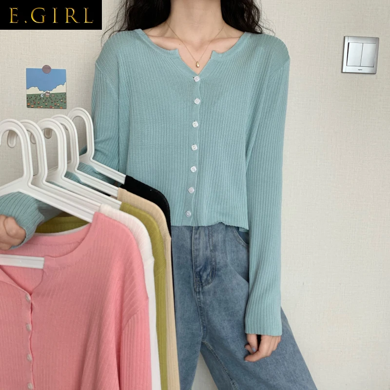 Slim Single Breasted Cardigans Women Tender Girls Long Sleeve Sunscreen Korean Style Knitted Cropped Sweaters Leisure Elasticity
