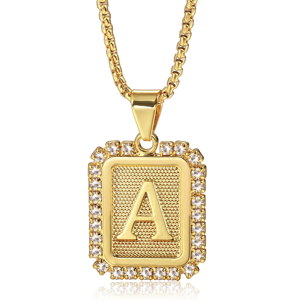 New Crystal Rhinestone Square Letter A M J K Pendant Necklace for Women CZ Alphabet Charm Box Chain Fine Wedding Jewelry GP441
