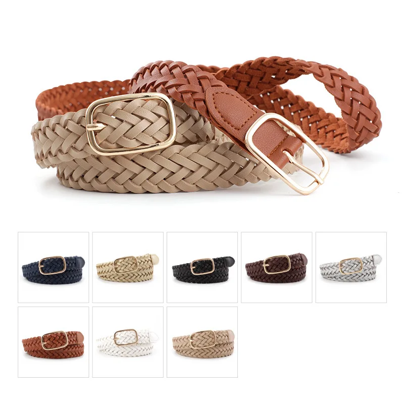 Women's PU Leather Braided Belt Golden Square Pin Buckle Belt New Fashion Simple Causal Jeans Dress Waistband 2.3cm Thin Belt