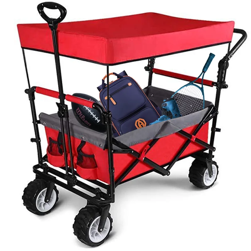 

Collapsible Folding Outdoor Camping Wagon Cart Large Capacity Canopy Wagons Stroller Beach Carts with All Terrain Wheels