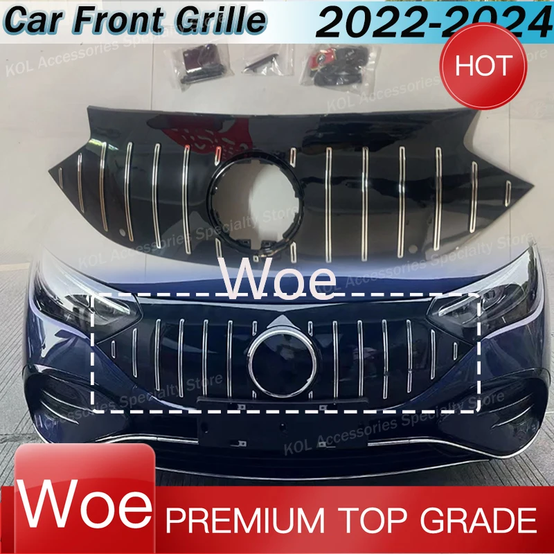 Фото Передняя решетка радиатора Woe Car для Mercedes-Benz EQE Class W295 V295 EQE350 EQE450 EQE500 2022-2024, верхняя сетчатая накладка в стиле GT, комплект обвеса №1