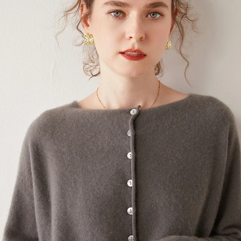 Женский кашемировый свитер из овечьей шерсти трикотажный кардиган с круглым