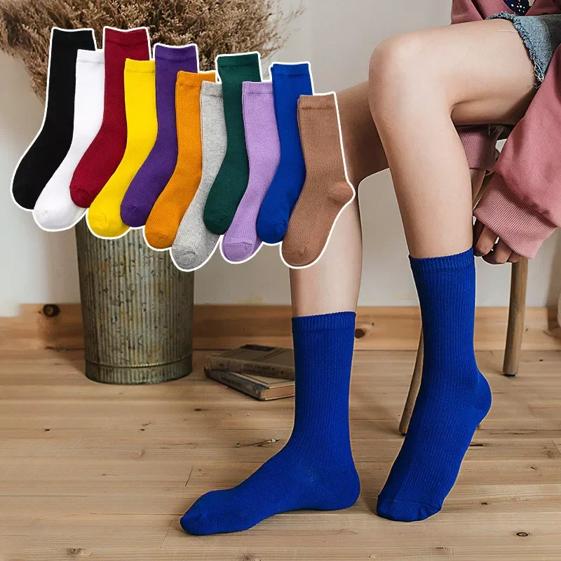 

Japanese Korea High School Girls High Socks Loose Sock Solid Colors Double Needles Knitting Cotton Long Socks For Women