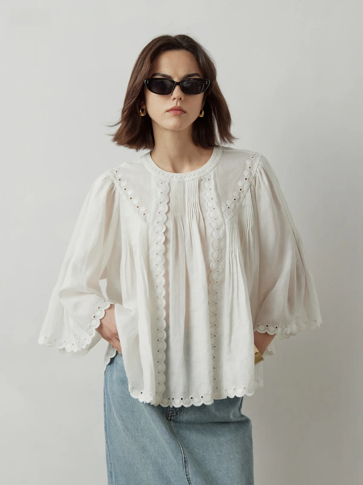 Lynee льняная тяжелая промышленность с полой вышивкой свободный драпированный топ