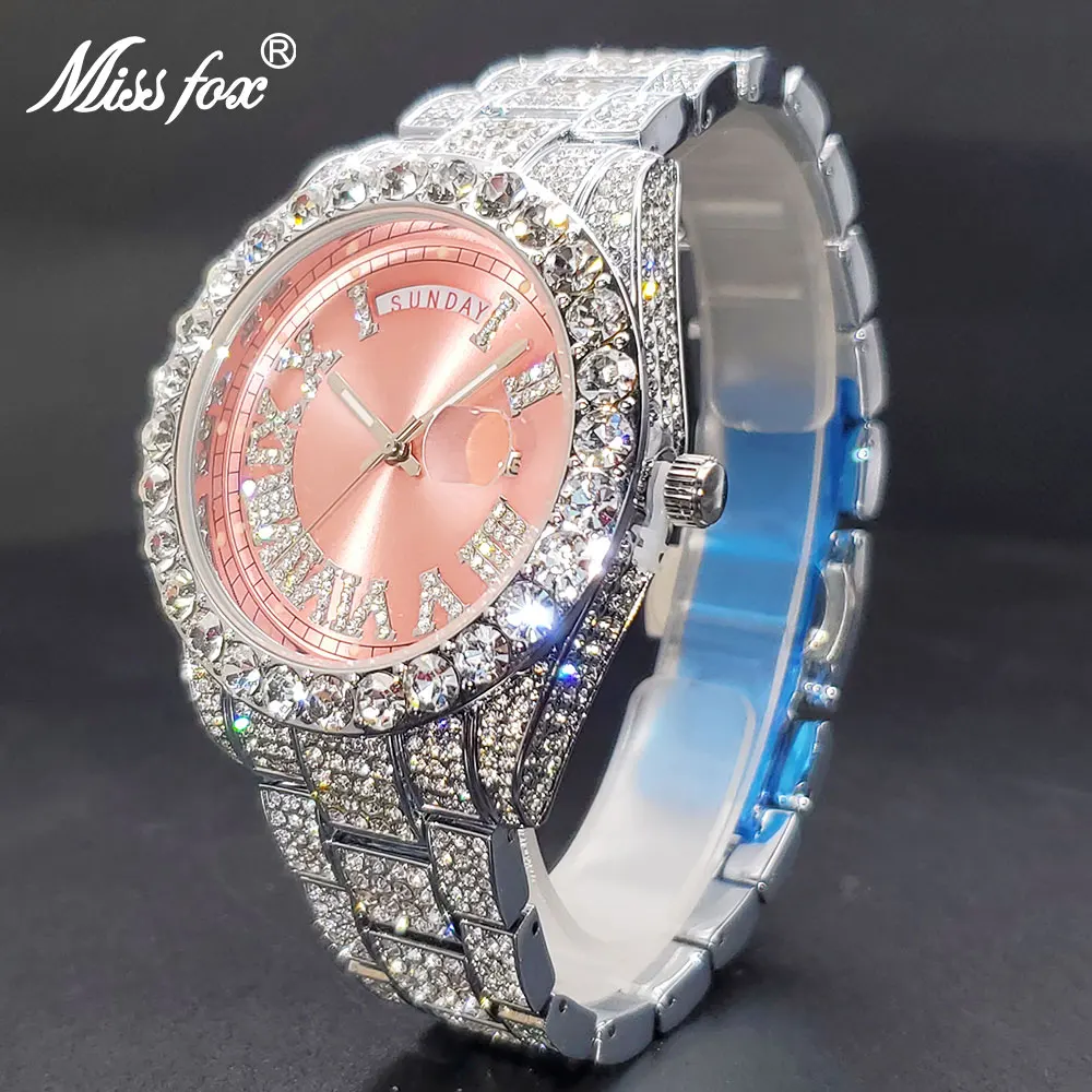 Pink Watch For Women Luxury Cute Large Dial Ladies Quartz Watches With Date Day Display Diamond Party Jewelry Clock Droshipping