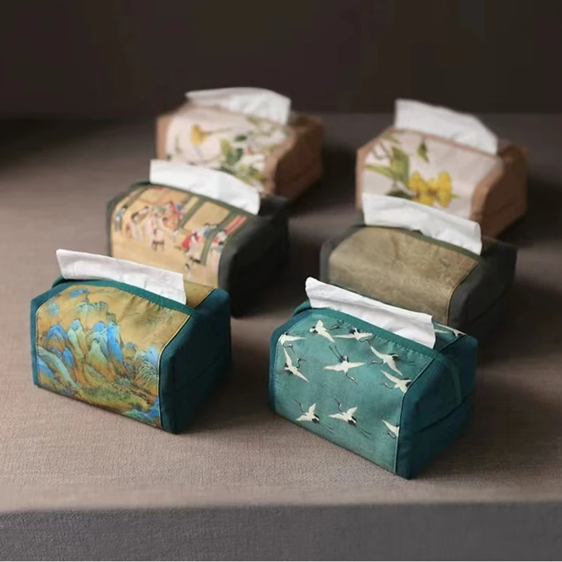 

Chinese Style Tissue Box Cotton Tissue Storage Box Desktop Paper Bag Napkin Holder for Bedroom Living Room Kitchen Home Decor