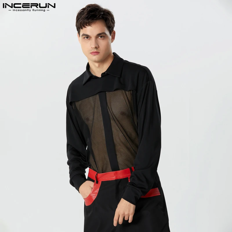 

Топы INCERUN 2023, мужские стильные прозрачные сетчатые рубашки в американском стиле, сексуальная Удобная тонкая блузка с имитацией двух длинных рукавов, женская