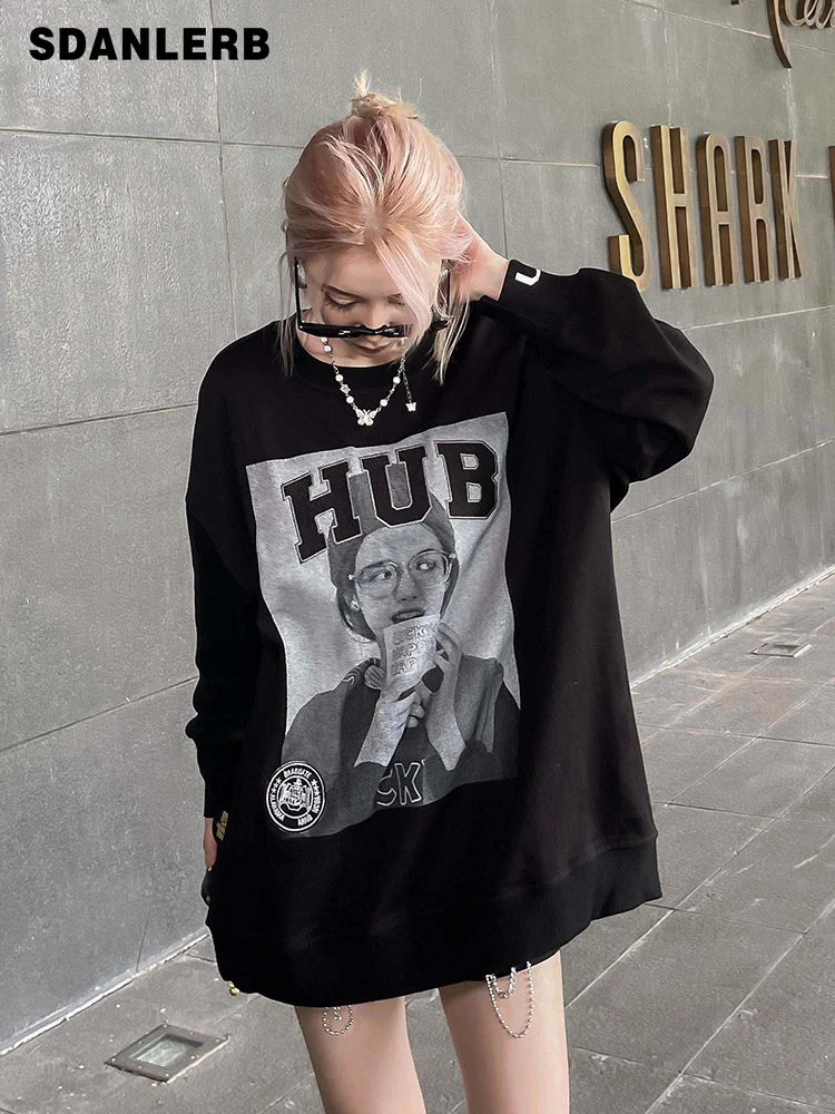 Black Early Autumn Simple Sweatshirt for Women 2022 New Round Neck Long Sleeve Thin Fashion Hoodies Loose Midi Pullover