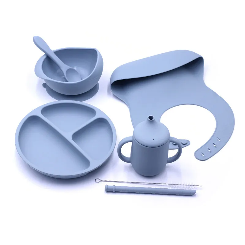

7Pcs/Set Baby Silicone Tableware Set Baby Feeding Dishes BPA Free Bowl Plate Bibs Spoon Fork Sets Children Non-slip Dinnerware
