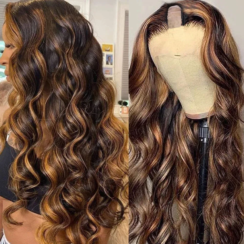 

Highlights Honey Blonde Body Wave U Part Wigs Middle Open Ombre Bouncy Wavy 100% Human Hair Wig Indian V Shape Full Machine Made