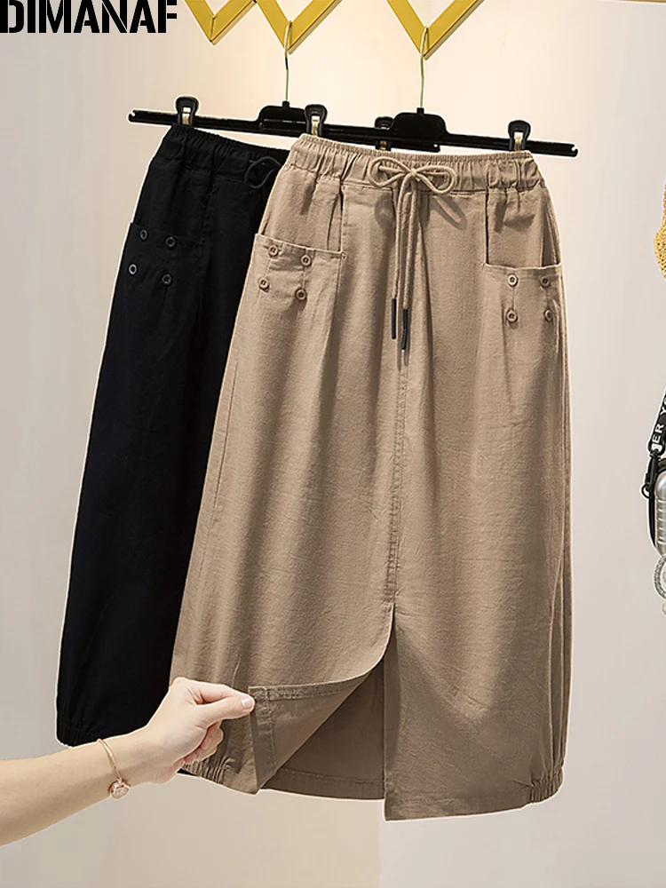 

Женская юбка с поясом DIMANAF, Повседневная Свободная юбка трапециевидной формы из хлопка и льна с поясом и эластичным поясом, одежда для лета, ...