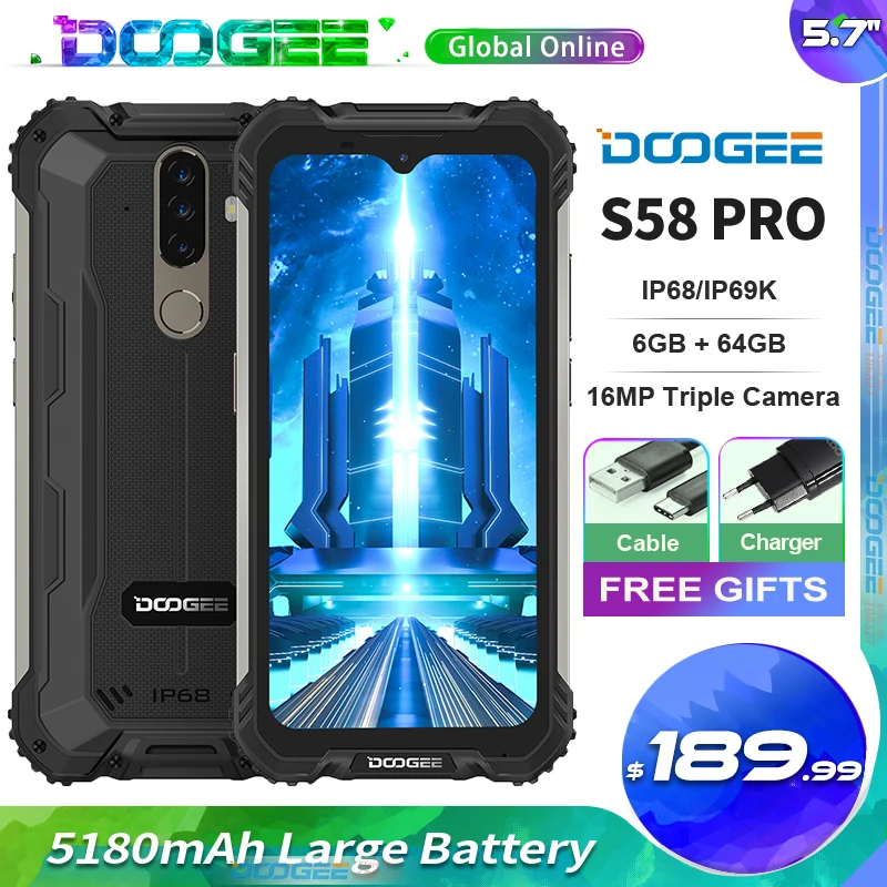 DOOGEE S58 Pro Mobile Phone 5.71"FHD+Display 6GB+64GB Android 10 NFC Smartphone 5180mAh IP68/IP69K Waterproof Rugged Phone
DOOGEE S58 Pro Mobile Phone 5.71"FHD+Display 6GB+64GB Android 10 NFC Smartphone 5180mAh IP68/IP69K Waterproof Rugged Phone