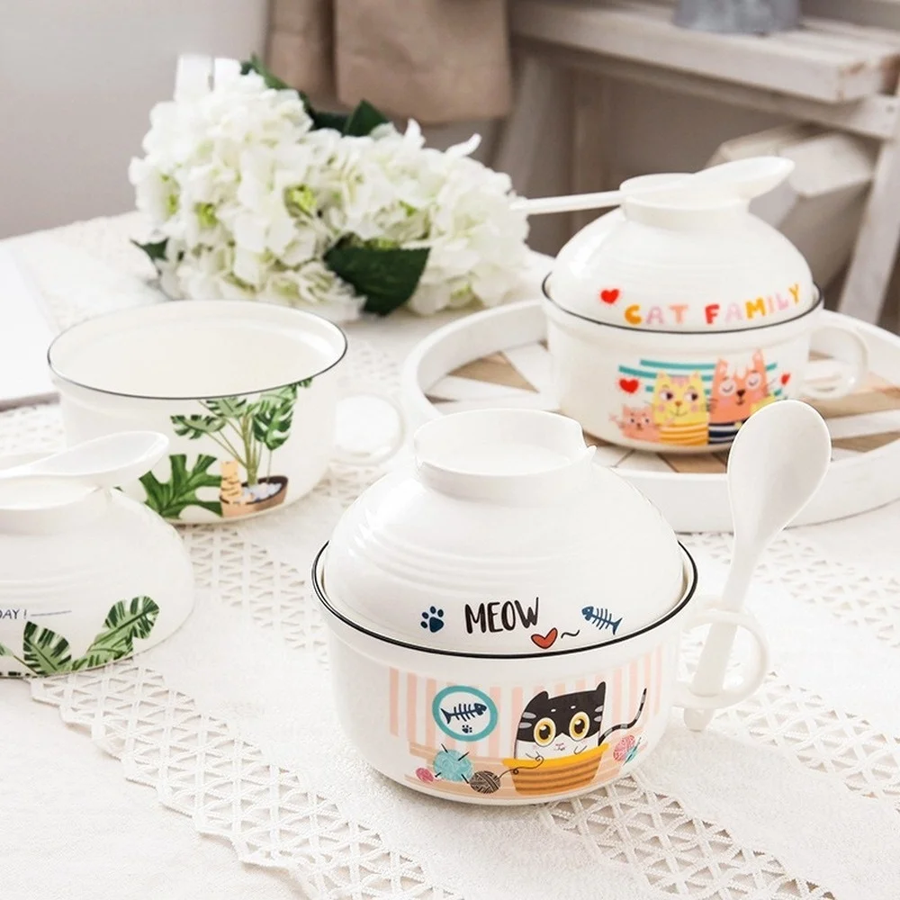 

Cartoons High capacity ceramics Instant noodle bowl With cover and handle Microwave available Instant noodle bowl Lunch Box