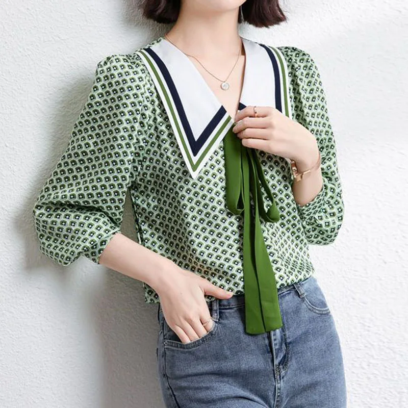 

Spring Summer Korean Peter Pan Collar Printed Shirt Office Lady Fashion Elegant New Lace Up Bow Blouses Women's Clothing 2022