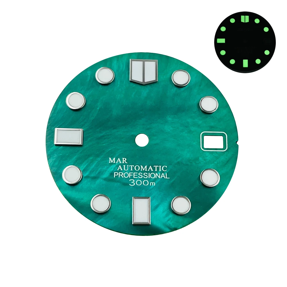28.5mm Green Luminous Pearl Shell Dial Suitable for Abalone/Ancestor/skx007 C3 Watches Accessories for NH35 NH36 Movement With S
