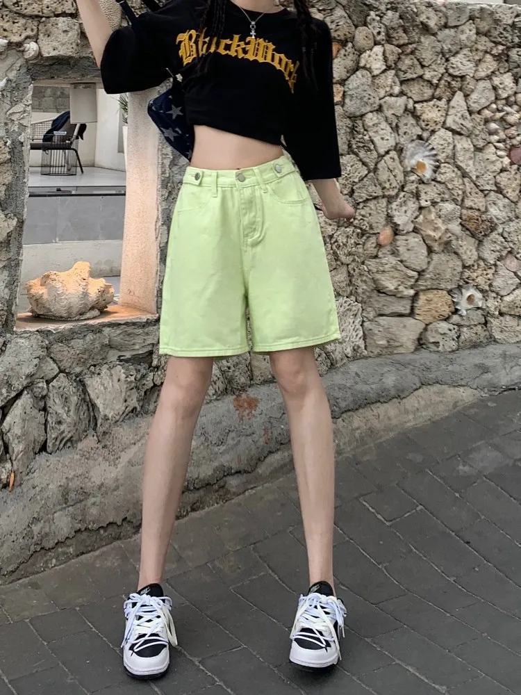 GUUZYUVIZ Summer Straight Tube Loose Wide Leg Denim Shorts Women High Waist Slim Casual Capris Candy Color