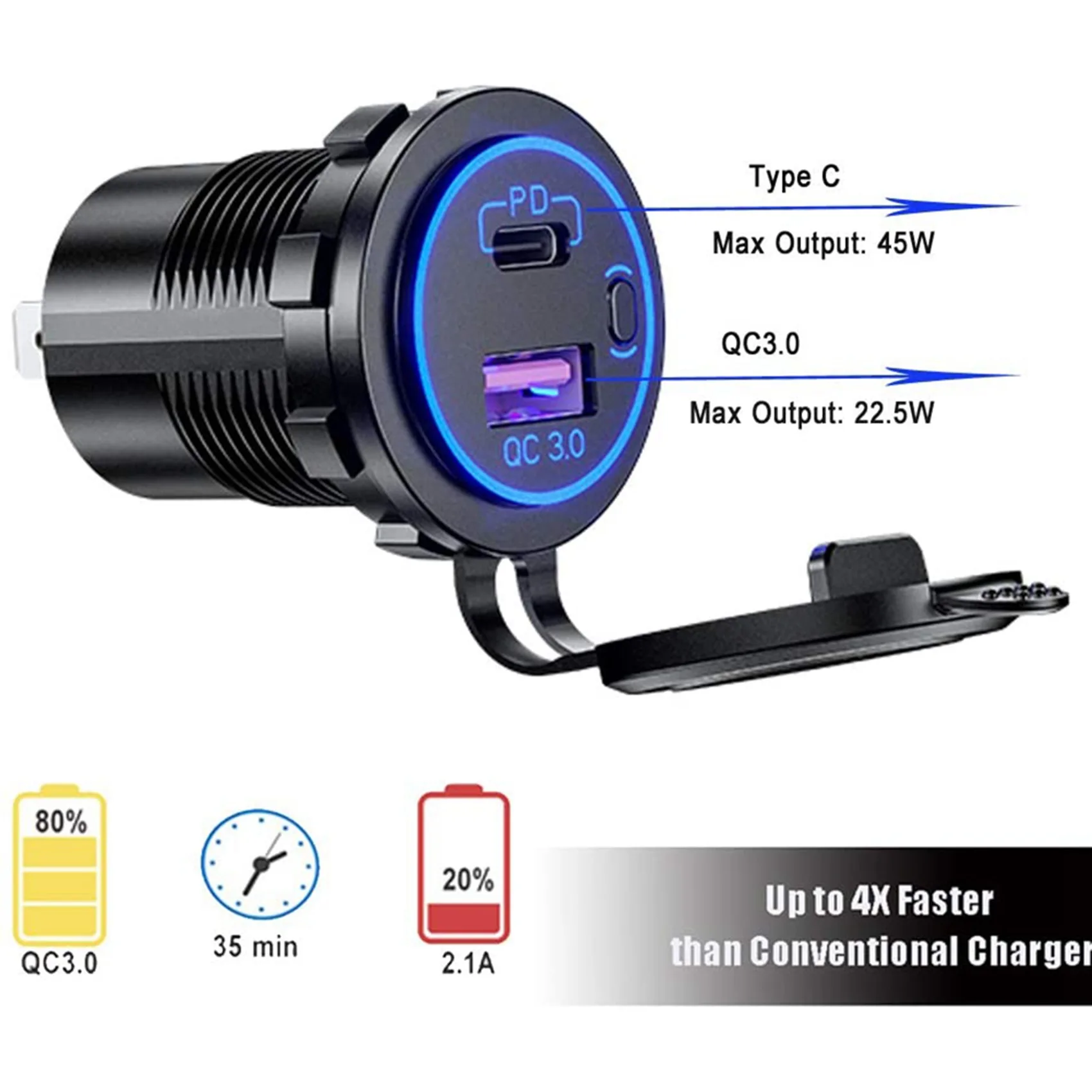 Фото Автомобильная розетка A48P-3X PD Type C USB и быстрозарядное устройство QC 3.0 12В с выключателем для мотоциклов и автодомов, синий цвет №3