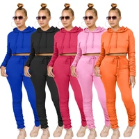 hm6358 womens casual two piece spring and autumn new solid color long sleeve pleated hoodie pants sports suit women
