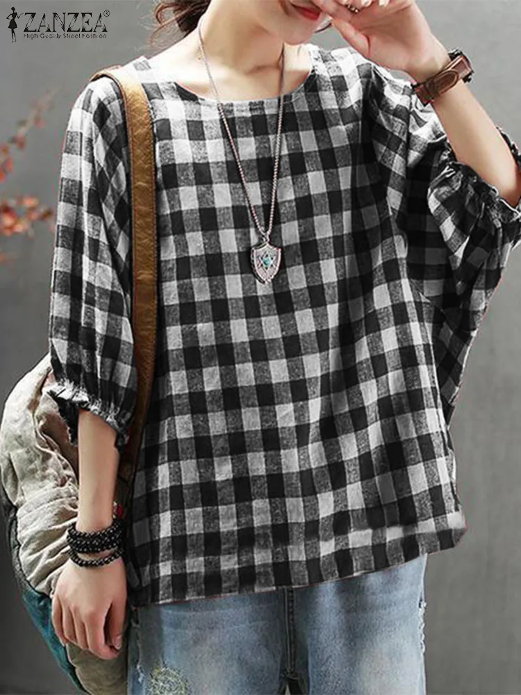 

ZANZEA Autumn Women O Neck 3/4 Sleeve Shirt Casual Female Holiday Blusas Chemise Vintage Plaid Checked Blouse Loose Tunic Tops