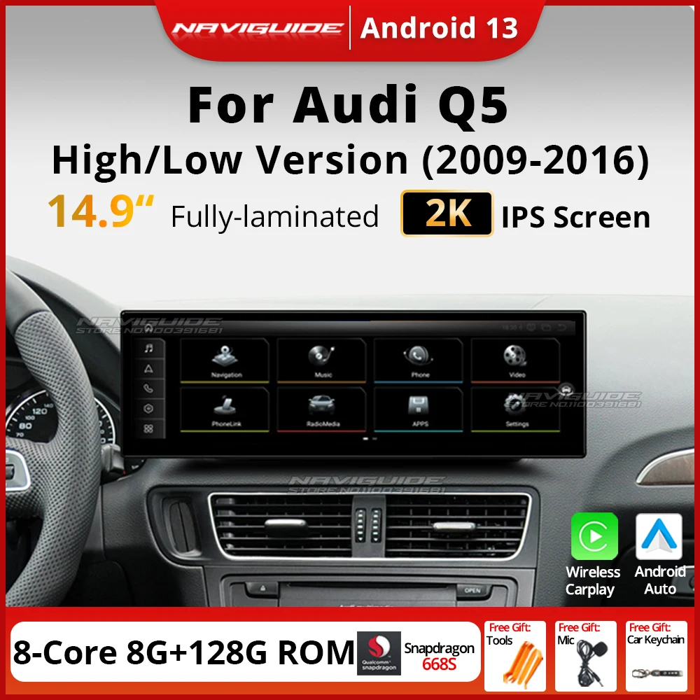 NAVIGUIDE 14 9 дюйма Android 14.0 8 + 128G Автомобильный мультимедийный плеер для Audi Q5 LHD 2009-2016 Navi