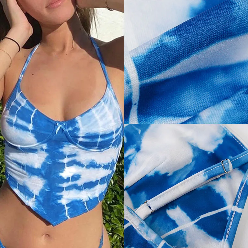 

Укороченный топ без рукавов с принтом Tie Dye, летняя женская модная уличная одежда в стиле пэчворк, милая Синяя майка