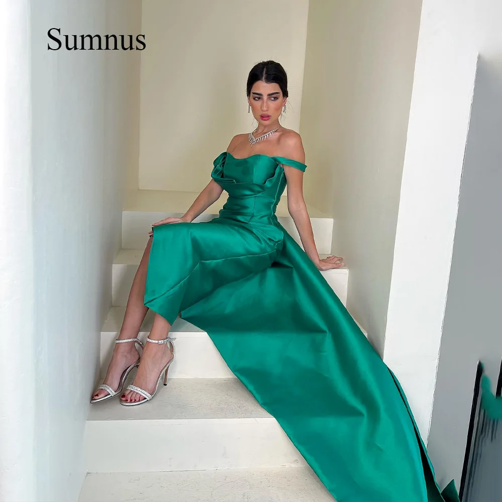 

Sumnus Green Satin Mermaid Saudi Arabic Evening Dresses with Straps Asymmetry Women Evening Party Dress Sweetheart Formal Gowns