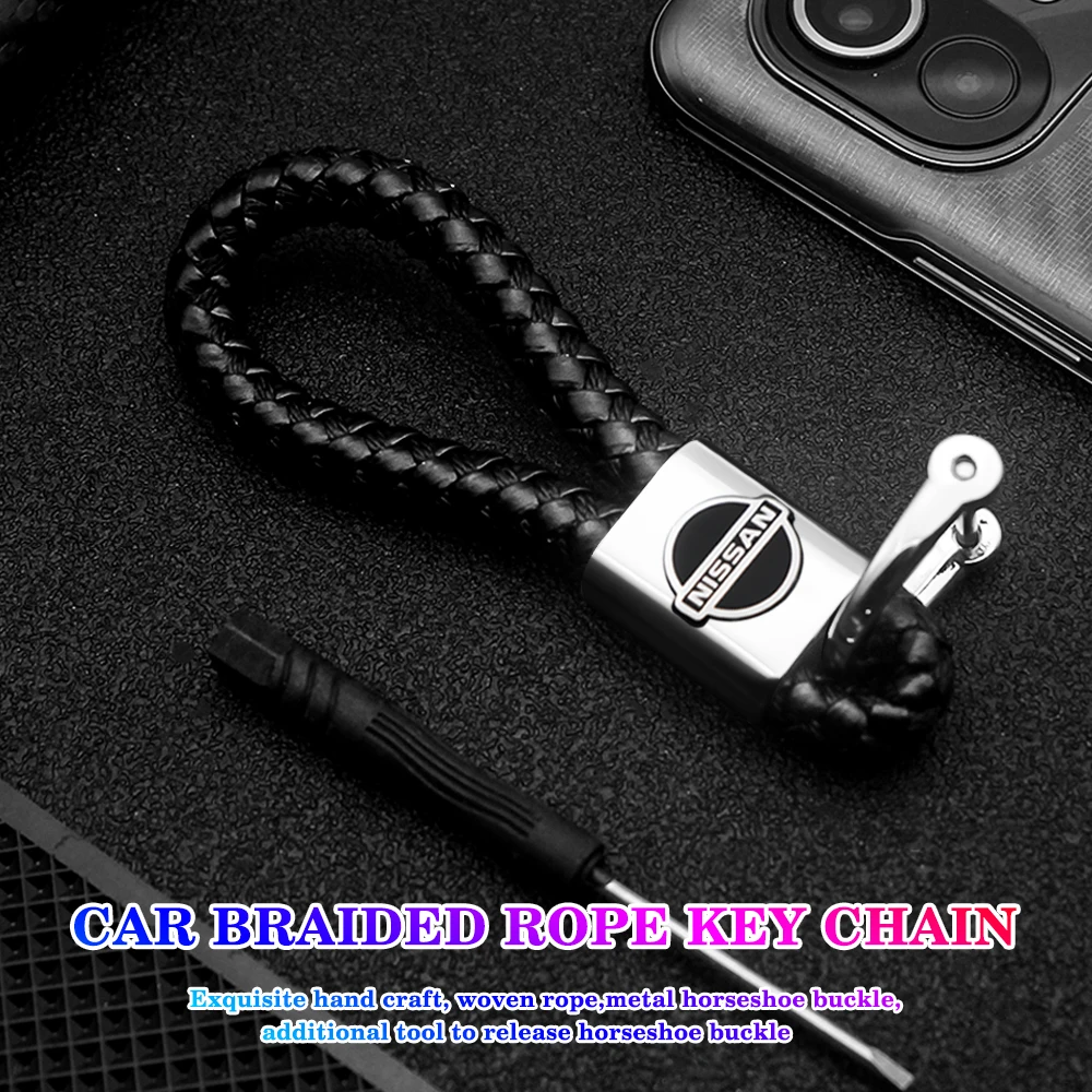 

Car Leather Keychains Metal 360 Degree Rotating Horseshoe Buckle Braided Rope Keyrings For Nissan Qashqai Patrol Juke Navara Etc