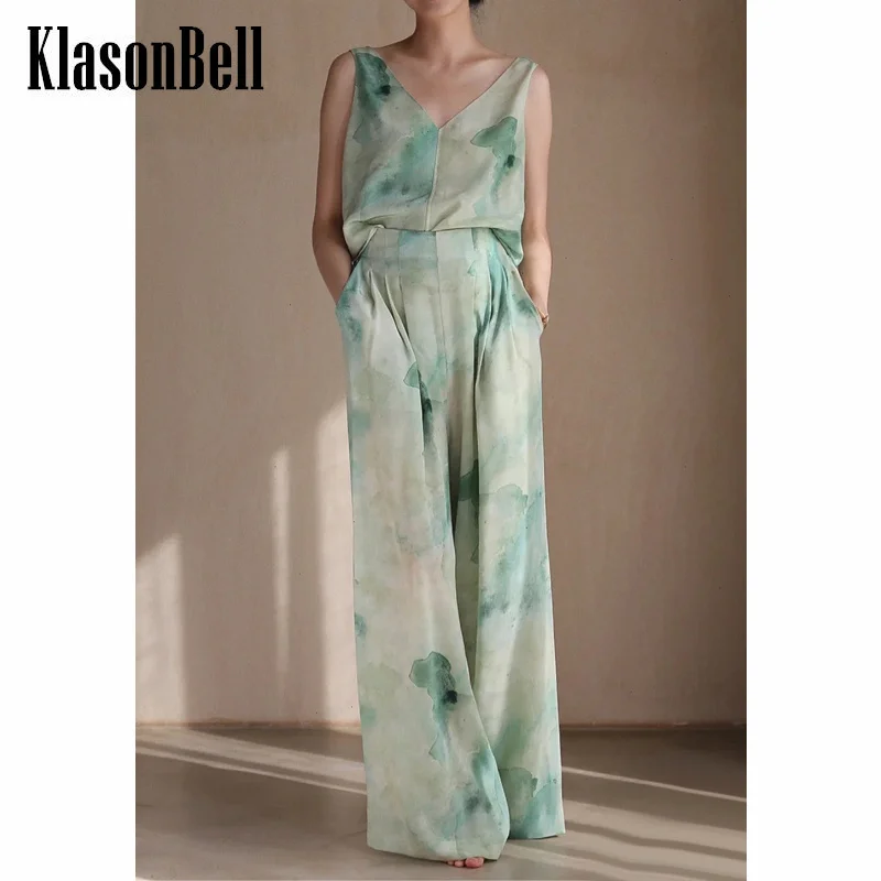 

6.12 KlasonBell Vintage Print V-Neck Short Tank Top Or Wide Leg Pants Set Women