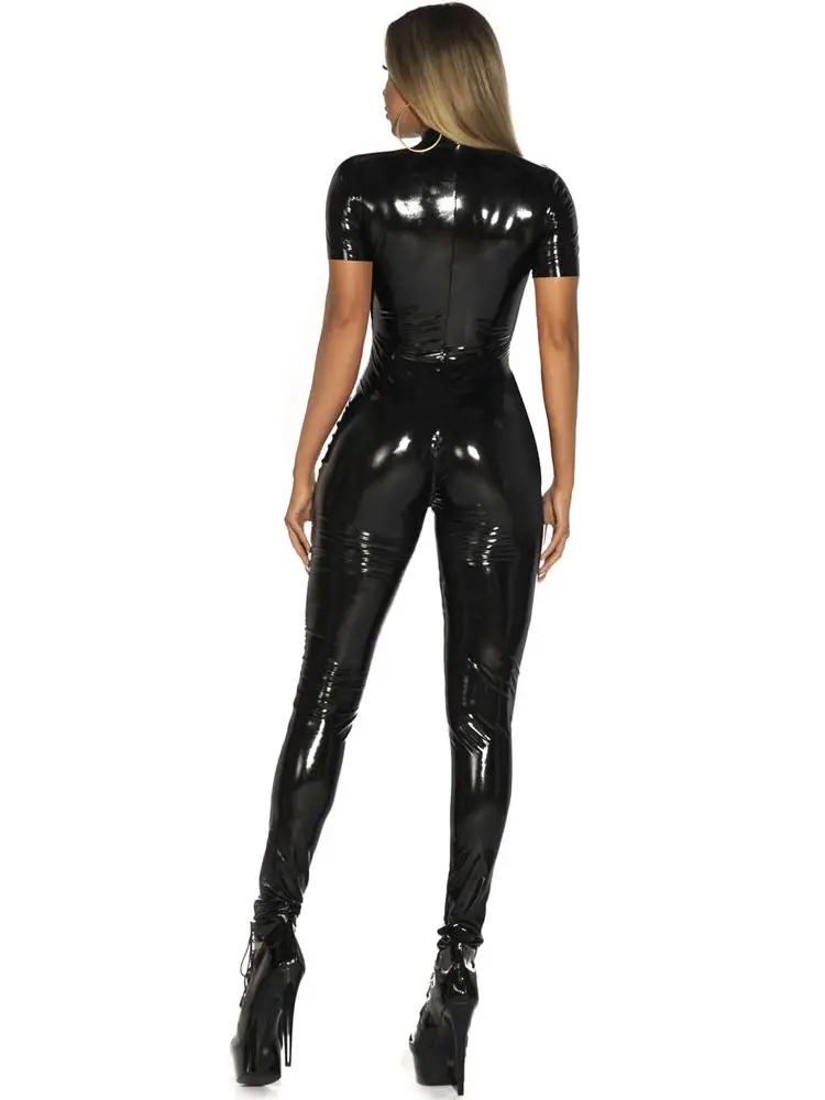 Short Sleeve Wet Look PVC Catsuit Double Zipper Open Crotch Bodysuit Shiny PU Leather Tights Jumpsuit Sexy Cosplay Body Leotard images - 6