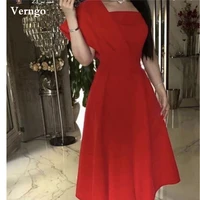 verngo simple red a line evening party dresses one shoulder short cap sleeves tea length prom dress bride robe de mariage