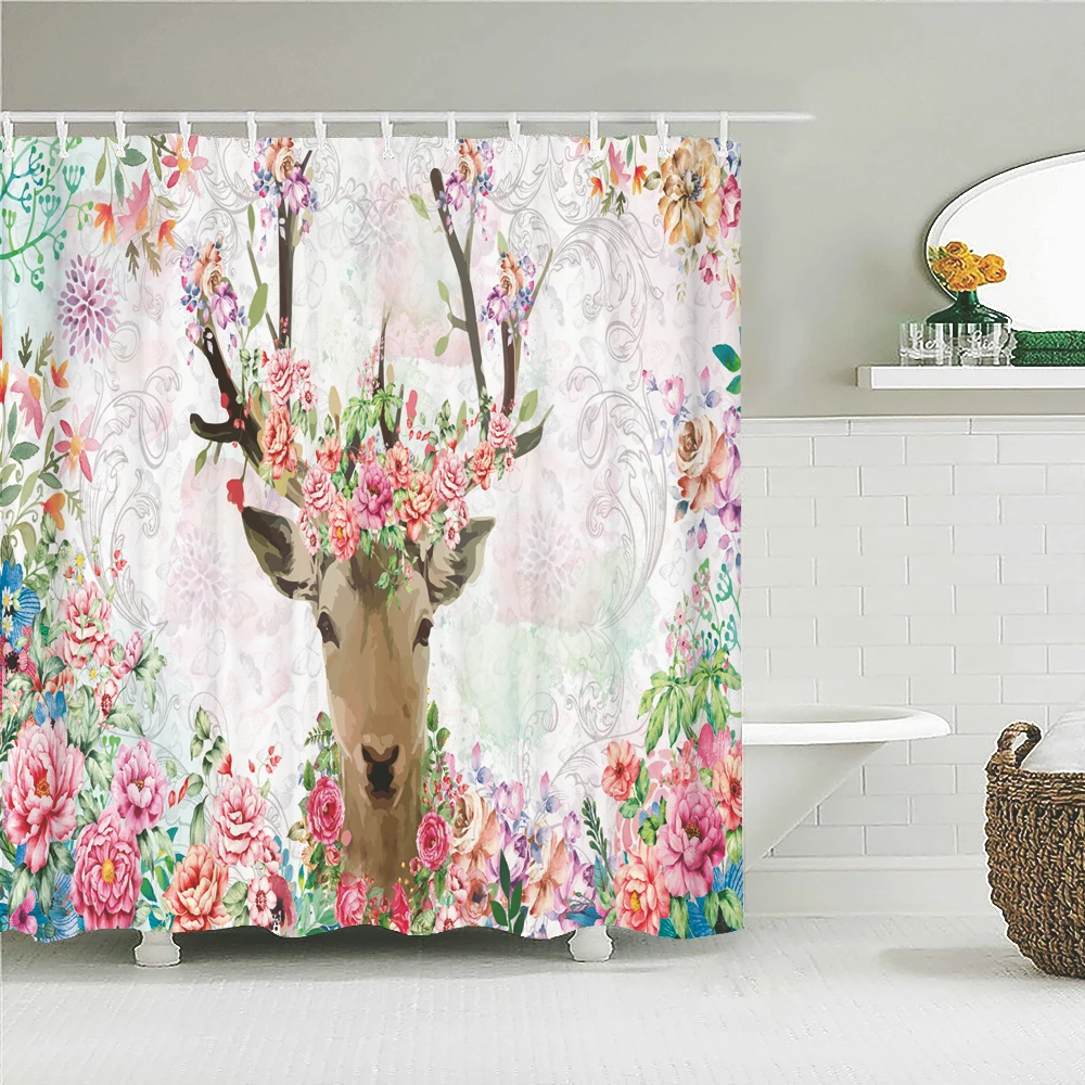 

Занавеска для душа из ткани с цветными цветами и оленями, Водонепроницаемые Красивые шторы для ванной комнаты с цветами, декор для ванной ко...