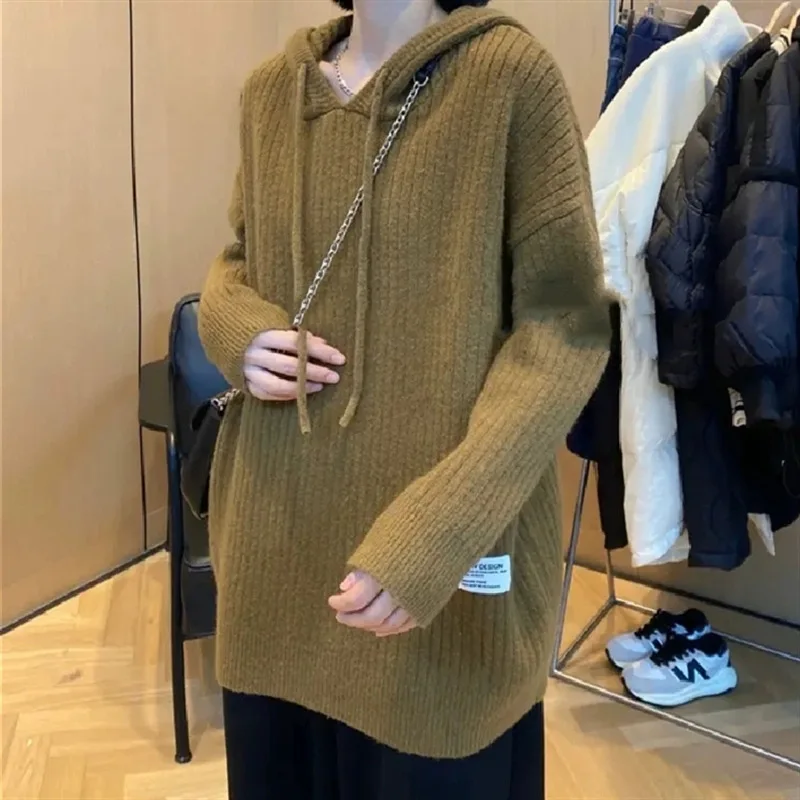 

Hsa 2023 New Women Solid Colour Hoodied Pullover Sweater Fall Winter Harajuku Lazy Wind Pit Strip Knitwear Top Sweet Kintted