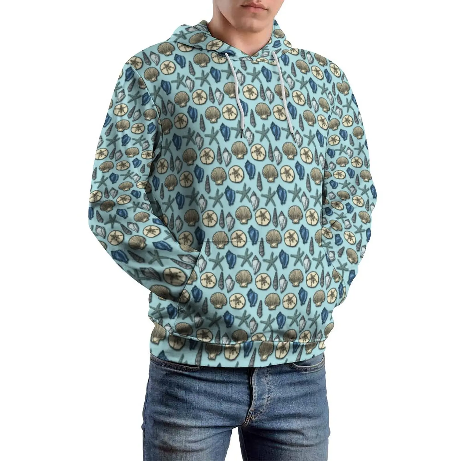 

Beach Starfish Print Casual Hoodies Man Sea Shells Loose Pullover Hoodie Winter Long Sleeve Funny Design Hooded Sweatshirts