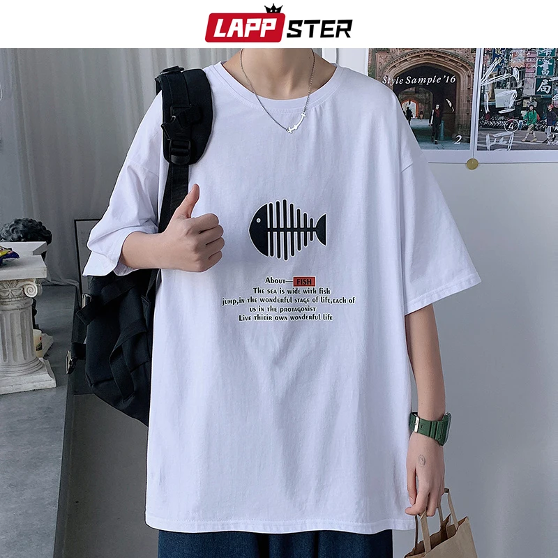 

LAPPSTER Men Fish Harajuku Print Tshirts 2022 Summer Mens Streetwear Graphic Oversized T Shirts Korean Fashions Casual Tops Tees