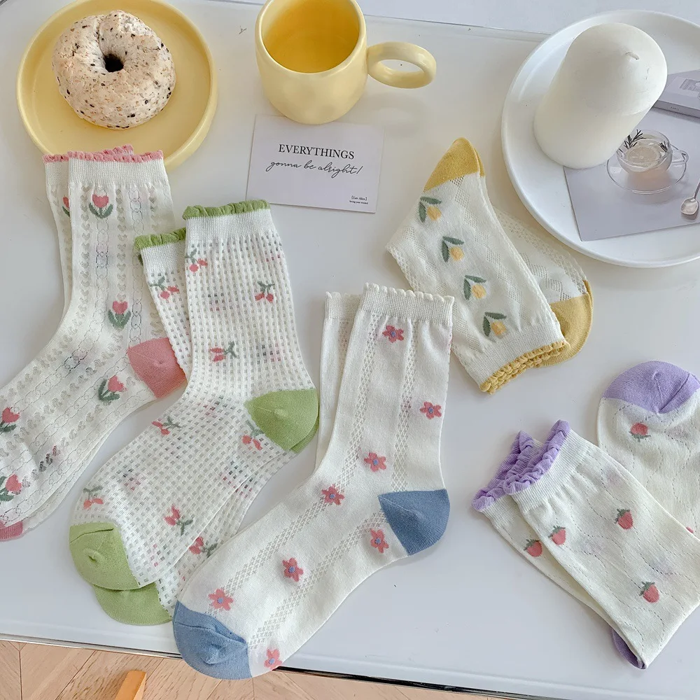 

Women Cotton Hollow Out Lace School Girls High Long Socks Summer Thin Mesh Floral Print White Japanese Kawaii Cute Frilly Socks