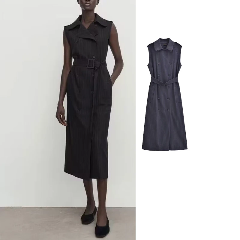 

Платье женское длинное с поясом, без рукавов, средней длины