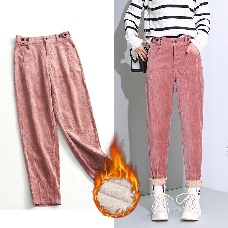

Autumn Winter Corduroy Pants Women High Waist Corduroy Trousers For Women Black Warm Harem Winter Velvet Pants Pink Trousers