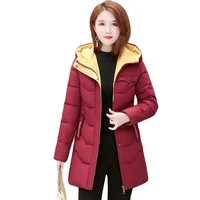 2022 winter new contrast padded jacket womens mid length thick slim down padded coats splice hooded outwear casual parka autumn