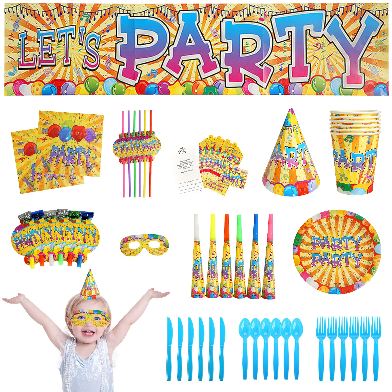 

77PCS Party Tableware Kit Plate Cup Spoon Forks Knives Napkin Straws Hat Banner Eye Cover Blowing Horn Toy Invitation Card 6