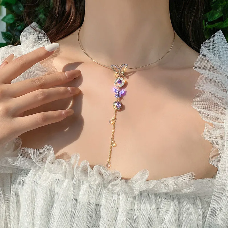 

2022 New Purple Pearl Butterfly Flower Zircon Tassel Necklace Personality Fashion Clavicle Chain Wedding Jewelry Birthday Gift