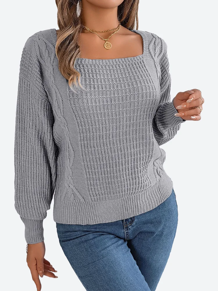 

Benuynffy Women's Pullover Sweater Fall Winter 2023 Casual Long Sleeve Square Neck Knitwear Female Loose Knitted Jumper Tops