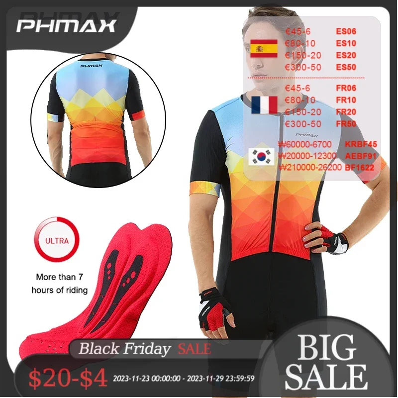 

Велосипедный комбинезон PHMAX, комплект из Джерси, летняя дышащая одежда для велосипеда с губчатой подкладкой, ткань с короткими рукавами для гоночных и дорожных велосипедов